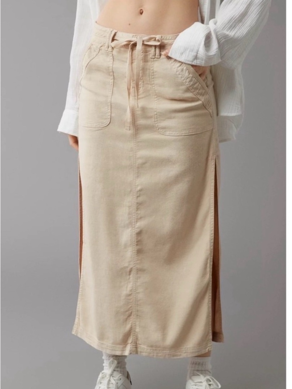 American Eagle Outfitters AE Dreamy Drape Linen Blend Maxi Skirt with side slits